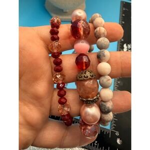 Beaded Bracelet Stack Set 3pc Red Pink Grey Stone Glass Pearl Crown Charm